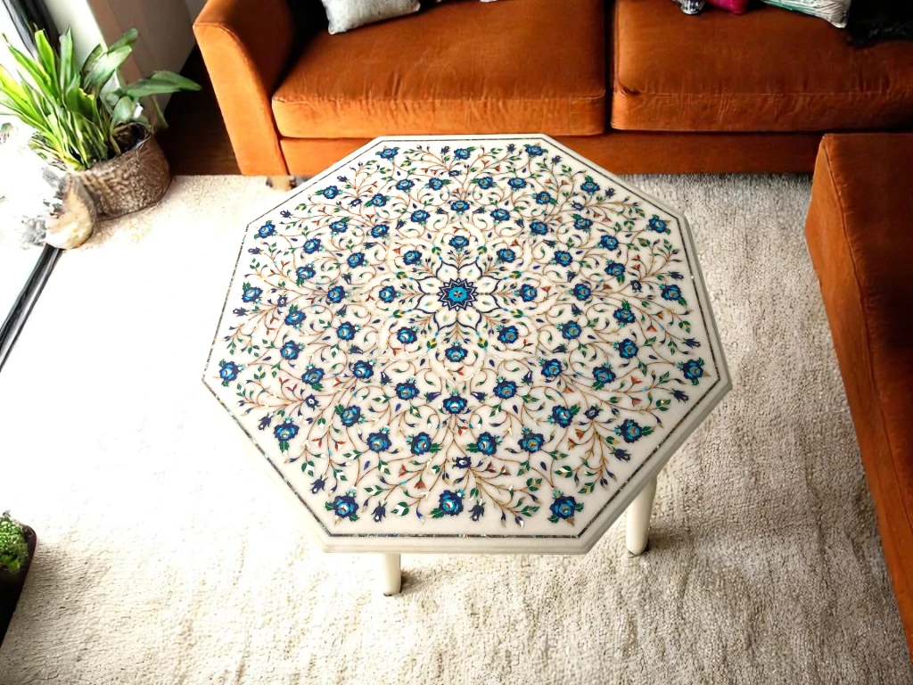 Octagonal Marble Living Room Table - Parchin kari 17th Century Mughal Art 